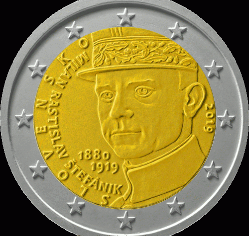 Slovacchia: Bozzetto 2 euro commemorativo “100° Anniversario della morte di Milan Rastislav Štefánik” 2019.