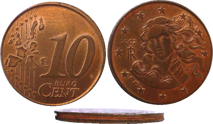 Italia 10 cent coniati su moneta da 2 cent 2002