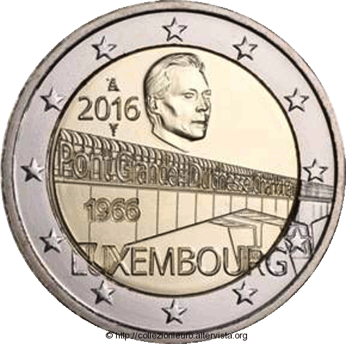 Lussemburgo-Coincard-2-euro-50-anniversario-ponte-Granduchessa-Charlotte-2016 a