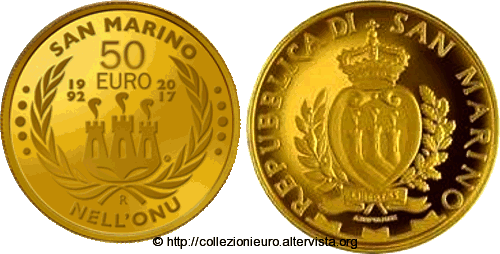 San Marino: 50 euro commemorativo in oro dedicata al “25° Anniversario dell’entrata di San Marino nelle Nazioni Unite” 2017.