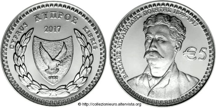 Cipro: 5 euro commemorativo dedicato al “100° anniversario di Vasilis Michaelides” 2017.