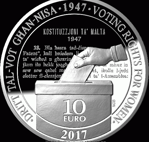 Malta: 10 euro commemorativo dedicato al “70° anniversario del diritto al voto per le donne” 2017.