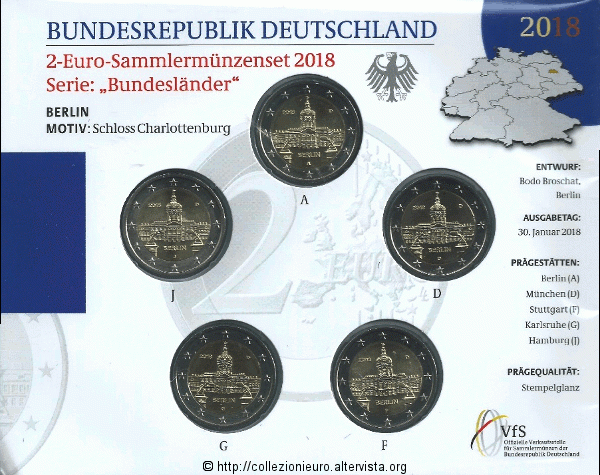 Germania: Folder serie 5 zecche BU dei 2 Euro “Stati tedeschi serie – Castello di Charlottenburg a Berlino” 2018.