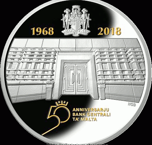 Malta: 10 e 100 euro commemorativi dedicato al “50° anniversario della Banca centrale di Malta” 2018.