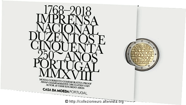 Portogallo: Folder Proof 2 euro commemorativo “250° anniversario dell’Ufficio Nazionale della Stampa” 2018.