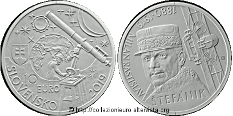 Slovacchia: 10 euro commemorativo dedicato al “100 anniversario della morte di Milan Rastislav Štefánik” 2019.