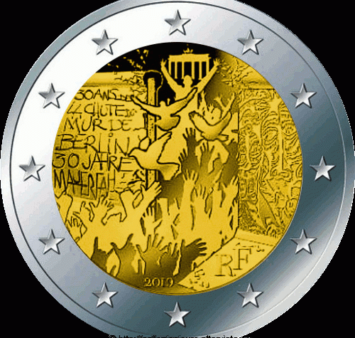 Francia: 2 euro commemorativo dedicato a “30° anniversario della caduta del muro di Berlino” 2019.
